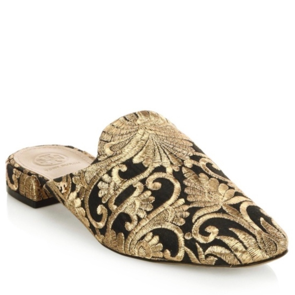 Tory Burch Carlotta Naya Brocade Embroidered Mules Gold Size 6